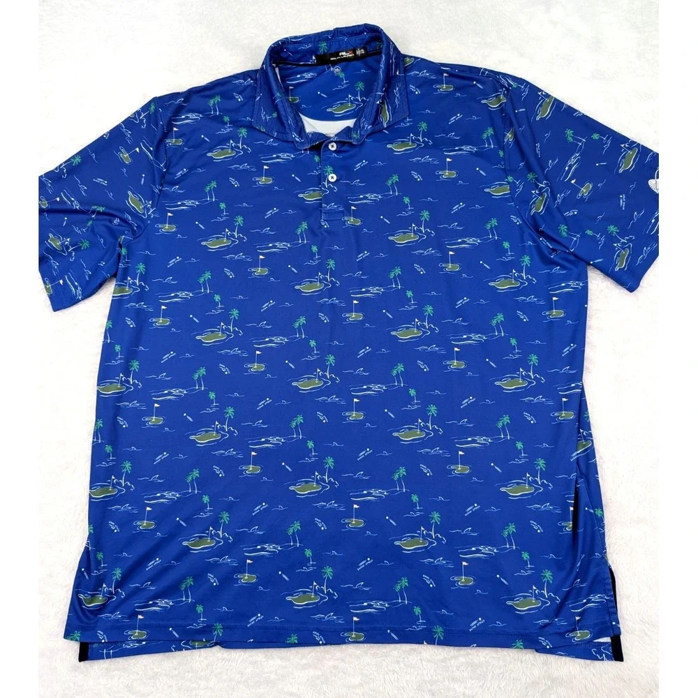 RLX Ralph Lauren Polo Shirt Men's XXL Blue Golf Shark Attack Print Performance